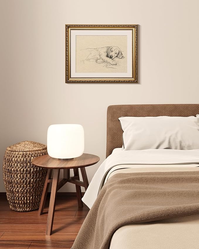 VIYYIEA Gold Framed Wall Art, Sleeping dog Canvas Print Home Decor Vintage Art Painting Picture Bathroom Wall Decor, Animals Artwork for Living Room Bedroom Kitchen Office - 16L x 13W