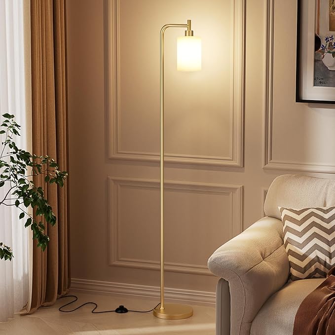Floor Lamps for Living Room - Industrial Standing Lamp with Frosted White Glass Shade, Modern Gold Floor Lamp with LED Bulbs, Farmhouse Floor Lamp for Bedroom, Tall Lamp for Office - Gold