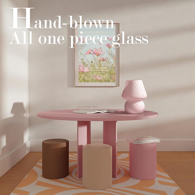 ONEWISH Mushroom Lamp-Small Bedside Table Lamp with Striped Glass, Nightstand Lamp for Bedroom, Living Room, Cafe, Bulb Included, Home Decor for Girls Women, Pink