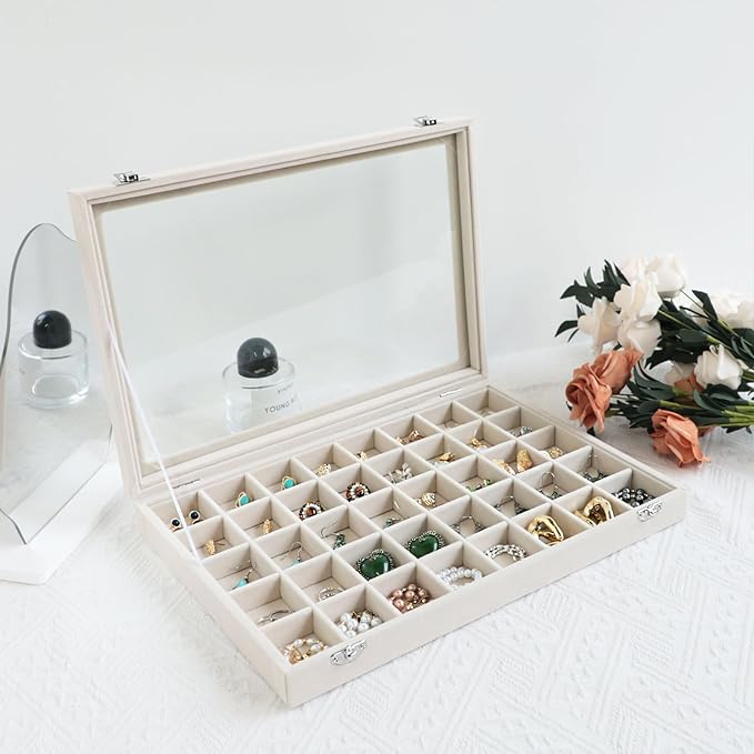 Wudygirl Large Jewelry Organizer Box with 40 Compartments Earring Holder Organizer Velvet Ring Display and Necklace Storage Tray Jewelry Box for Women (Beige Velvet)