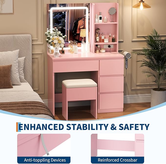 Vanity Desk with Mirror and LED Light, Vanity Desk with 4 Drawers, Power Outlet, Storage Stool, Storage Shelves & Hair Dryer Holder, Adjustable 3 Lighting Mode, Makeup Vanity Set for Bedroom, Pink