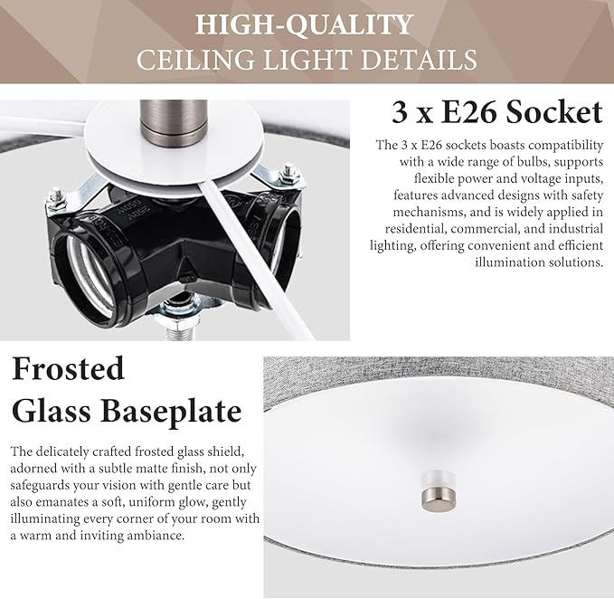 3-Light Semi Flush Mount Ceiling Light Fixture, 13" Modern Drum Light with Grey Fabric Shade, Close to Ceiling Lighting Hanging Lamps for Bedroom Living Room Dining Room Kitchen Hallway