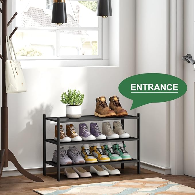 3-Tier Black Bamboo Shoe Rack for Entryway, Stackable | Foldable | Natural, Shoe Organizer for Hallway Closet, Free Standing Shoe Racks for Indoor Outdoor