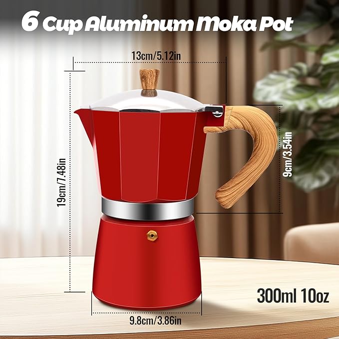 6 Cup Aluminum Moka Pot Classic Stovetop Espresso Coffee Maker 300ml 10oz Coffeemaker Percolator Mocha Pot Greca Coffee Maker Cafe Makers for Italian and Cuban Café Brewing Red