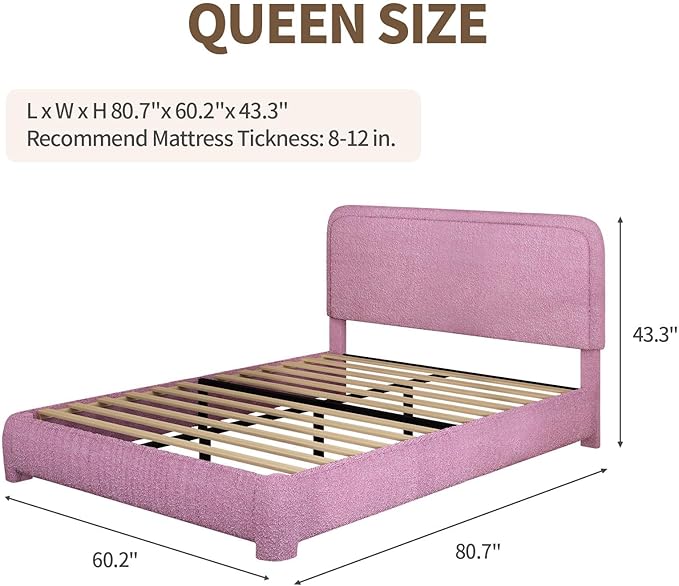 BarnFurin Queen Bed Frame with Headboard, Boucle Upholstered Platform Bed with Wood Slats, Soft Rounded Corners, No Box Spring Required, Easy Assembly, Rose Pink