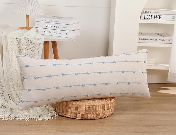 Long Lumbar Throw Pillow Cover 14x36,Stripe Pattern Cotton Blue Boho Extra Long Decorative Pillow Cover Pillow Case Cushion Cover for Bed Sofa Couch Farmhouse,Skinny Modern Accent