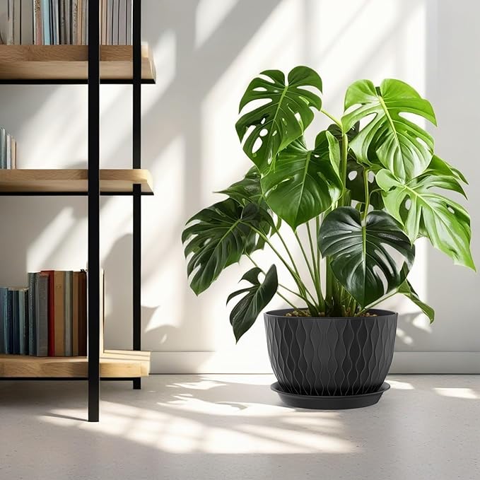 12/10/9 Inch Plant Pots, 3 Pack Large Flower Pots for Indoor and Outdoor Plants with Water Ripples, Large Plastic Flower Pots with Drainage Holes and Tray for Garden Indoor Plants