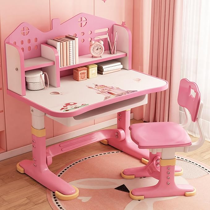 Kids Study Desk and Chair Set, Height Adjustable Kids School Desk, Cartoon Learning Desks, Kids Desk with Storage, Children Study Table with Storage, Castle Backboard, Bookshelf (Pink)