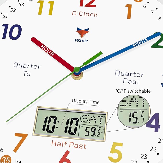 Foxtop Digital and Analog Learning Clock for Kids - Telling Time Teaching Clock 12 Inch Silent Non-Ticking Battery Operated Kids Wall Clock for Kids Room Playroom Nursery Classroom School (White)