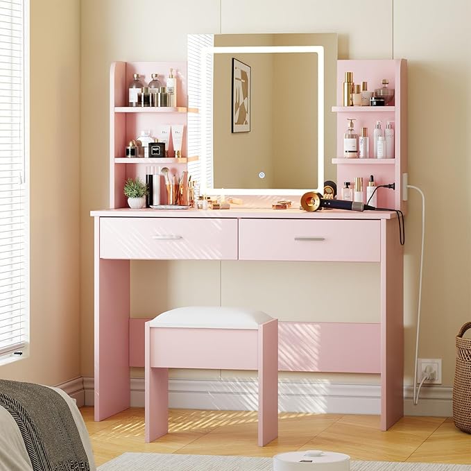 GAOMON Makeup Vanity Desk with Lights and Mirror, Vanity Table with 3 Lighting Modes, Storage Drawer, Shelves, Charging Station and Included Stool for Bedroom, Pink