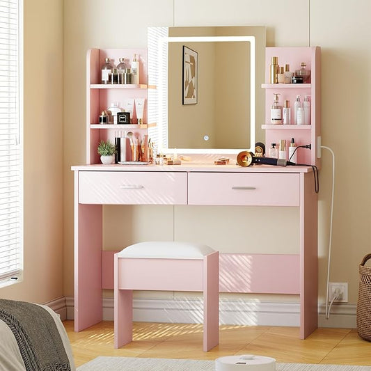 GAOMON Makeup Vanity Desk with Lights and Mirror, Vanity Table with 3 Lighting Modes, Storage Drawer, Shelves, Charging Station and Included Stool for Bedroom, Pink