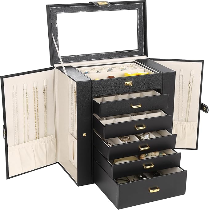Kendal Extra Large Jewelry Box Jewelry Case PU Leather 6 Tier 5 Drawers Large Storage Capacity with Mirror Jewelry Storage Organizer Great Gift Also Good For Watches LJC-SHD5BK (black)
