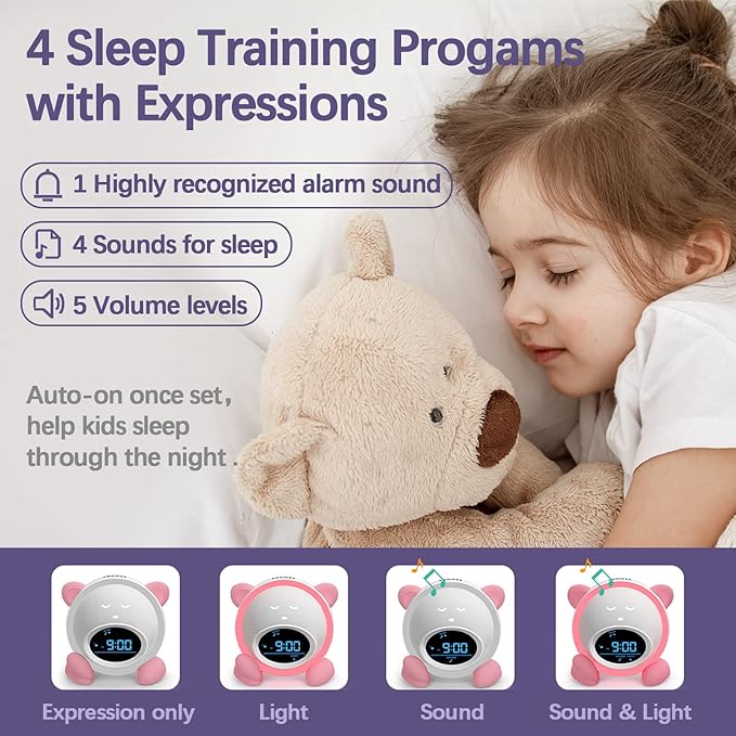 OK to Wake Clock for Kids, Sleep Training Clock with Night Light and Sound Machine, Kids Alarm Clock for Bedrooms, Pink