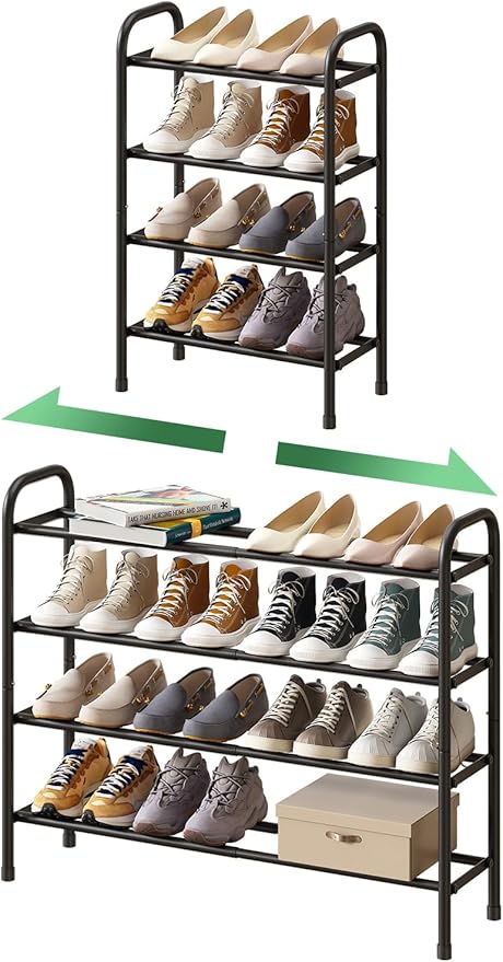 Long Shoe Rack, 4-Tier Expandable Metal Shoe Shelf, Shoe Rack for Closet, Entryway & Hallway