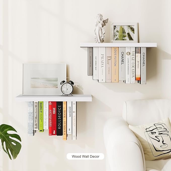 Floating Bookshelves for Wall, Rustic Wood Hanging Wall Bookshelf, Upside Down Book Shelf and Wall Mounted Bookshelves for Home Decor in Bedroom, Living Room, White 2 Pack