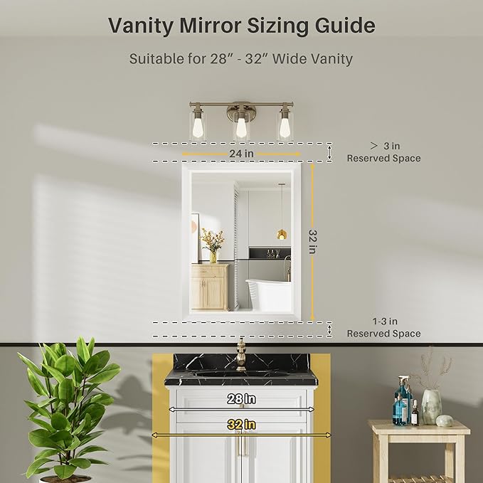 24x32 Inch White Bathroom Mirror for Wall, Thick Metal Framed Rectangle Mirrors for Over Sink, Bedroom, Living Room, Entryway, Anti-Rust, HD Tempered Glass