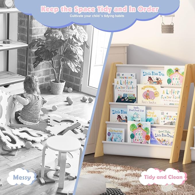 NACHES 4-Tier Foldable Kids Bookshelf, Large Capacity Montessori Sling Bookcase with 4 Deep Fabric Pockets, Magazine and Book Storage Rack for Nursery, Kids Room, Bedroom, Playroom (Burlywood)