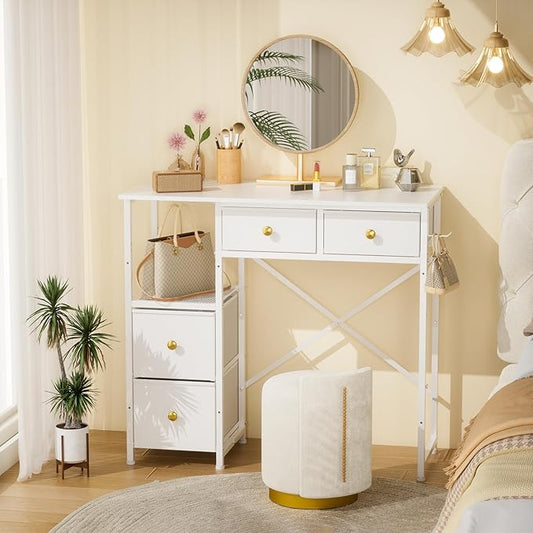 White Vanity Desk Without Mirror, Small Makeup Desk with 4 Fabric Drawers, 33.5 Inches Dressing Table with Storage, Vanity Table for Bedroom with Hook, White