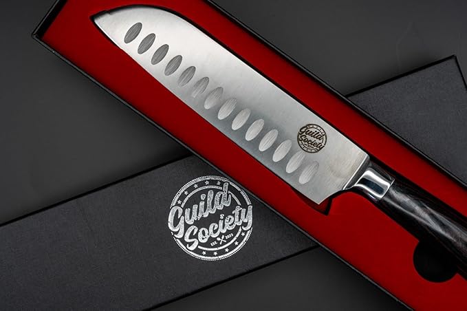7 Inch Japanese Santoku Knife, Stainless Steel, Ergonomic Pakkawood Handle for Comfort - Sharp Chef Knife for Slicing, Chopping, and Mincing - Perfect for Vegetables, Meat, & Fish