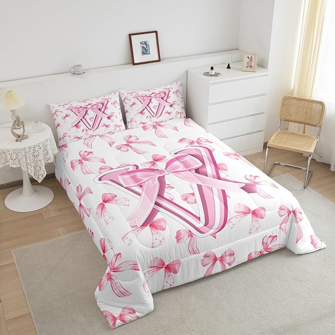 jejeloiu Kids Girls Cute Pink Bow Comforter Set Toddler Size Monogrammed Bedding Set Ultra Soft Personalized Initial V Duvet Quilt Coquette Bow Knot Quilt Set Room Decor Modern Fashion Comforter