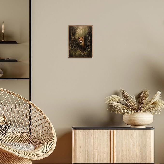 Djmwtb Vintage Framed Wall Art Fox Canvas Wall Art Prints Woodland Animal Painting Forest Pictures Artwork for Living Room Bedroom Bathroom Office 12x16in