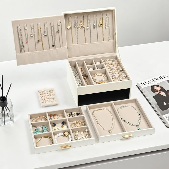 Amearea Jewelry Box Organizer for Women Girls with Mirror, 3-Layer Large Jewelry Storage Case, Synthetic Leather Jewelry Holder Organizer with Removable Tray for Necklaces Earrings Rings, White