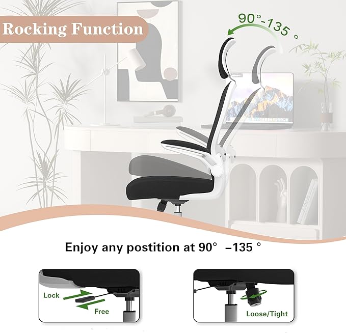 Ergonomic Mesh Office Chair for Long Hours & Back Pain Relief – Adjustable Lumbar Support & Headrest, High-Density Foam Cushion, Flip-Up Armrests, Perfect for Work & Study, White & Black
