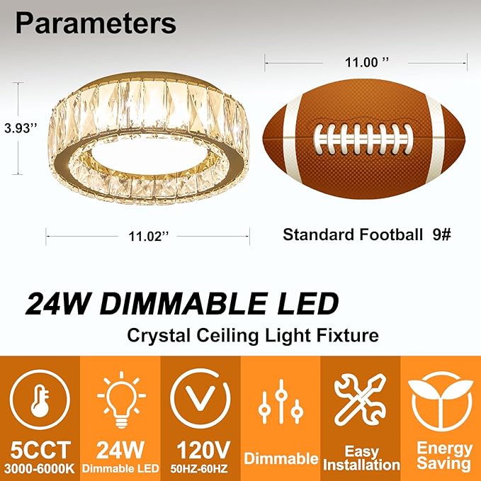 Dimmable Modern Luxury Crystal LED Flush Mount Ceiling Light,11 Inch 24W/5CCT 3000K-6000K Gold Small Close to Ceiling Lighting Fixtures for Kitchen,Entryway,Laundry Room,Porch