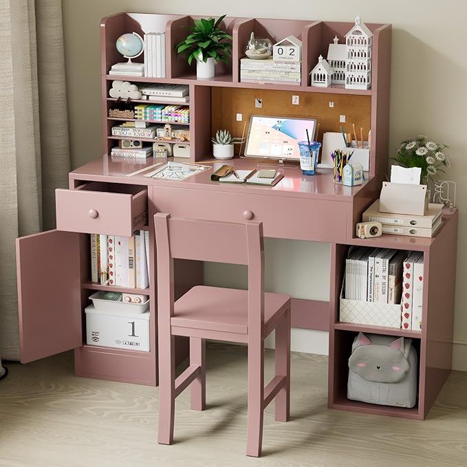 Pink Wooden Kids Desk and Chair Set,Kids Study Table and Chair Set with 4 Storage Open Shelves,Kids Study Desk with 2 Drawers & 4 Cabinet,Girls Study Desks for Kid with Hutch for Bedroom-Jcp9pn