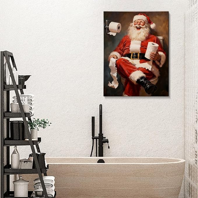 Comical Santa Claus Christmas Canvas Wall Art - Humorous Office & Bathroom Framed Print Ready to Hang, Playful Christmas Gifts for Family, Whimsical Winter Decor & Entertaining Christmas Decorations