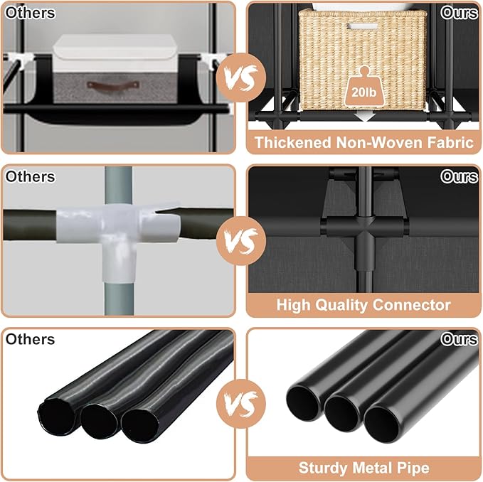 Portable Closet Storage, Portable Wardrobe Closet Organizer Clothes Rack wtih Cover, Hanging Rod, Storage Shelves and Side Pockets, Large Portable Closets for Hanging Clothes, Black