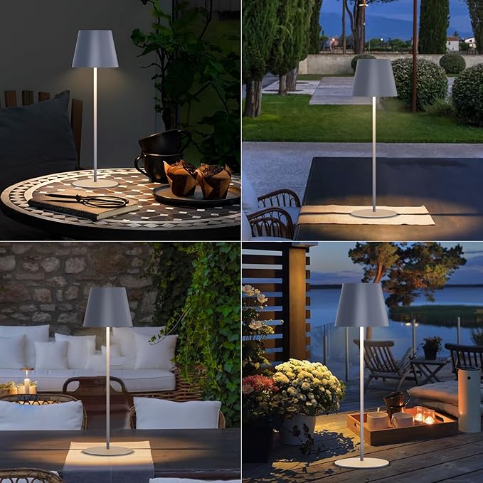 uuffoo 2 Pack Cordless Rechargeable Table Lamps Battery Operated Outdoor Table Lamps with 3 Colors Stepless Dimming, Desk Night Light for Restaurant, Patio, Bedroom, Bar (Gray)