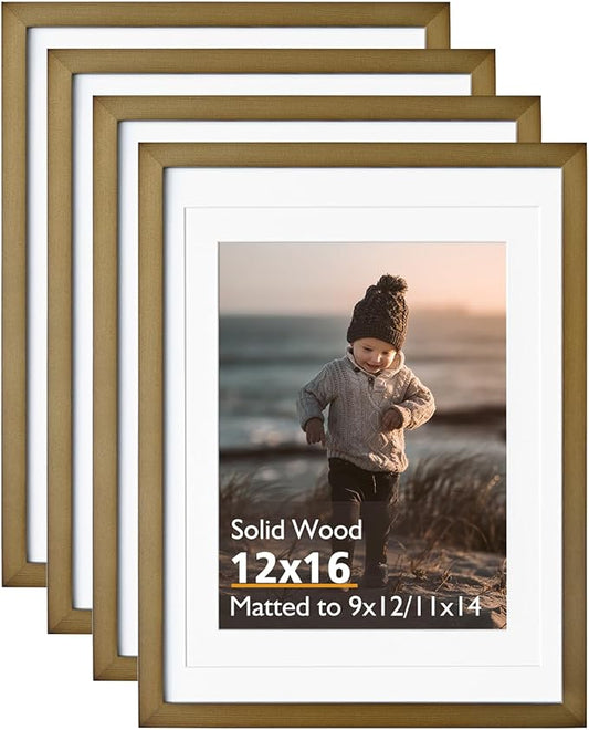 KINLINK 12x16 Picture Frame Brown, Solid Wood Frames with Acrylic Plexiglass for Pictures 11x14/9x12 with Mat or 12x16 without Mat,Wall Display Photo Frame, Set of 4