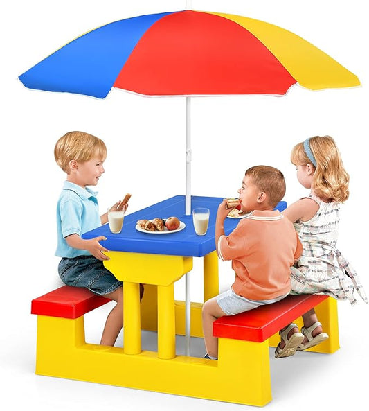 HONEY JOY Kids Picnic Table, Toddler Plastic Outdoor Table & Bench Set with Umbrella, Children Patio Furniture Set for Backyard Garden, Kids Picnic Tables for Outdoors, Gift for Boys Girls Age 3+