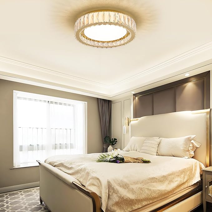 Modern K9 Crystal Dimmable LED Flush Mount Ceiling Light,15 Inch 36W/5CCT 3000K-6000K,Luxury Gold Round Large Close to Ceiling Lighting Fixtures for Living Room,Kitchen,Bedroom,Dining Room