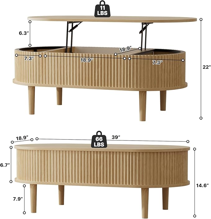 EAG Fluted Lift Top Coffee Table with Hidden Compartment, Modern Oval Coffee Table with Storage, Fully Wood Center Table for Living Room, Office, Natural