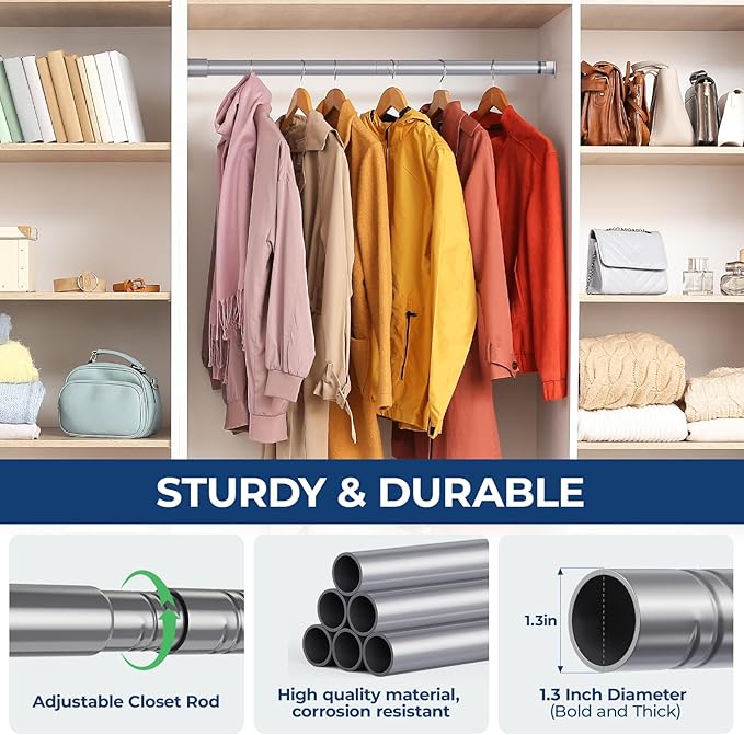Mavivegue Closet Rod, 17 to 99 Inch Adjustable Closet Rods for Hanging Clothes, Silver Hanging Rod for Closet Wardrobes Laundry RV, Bathroom