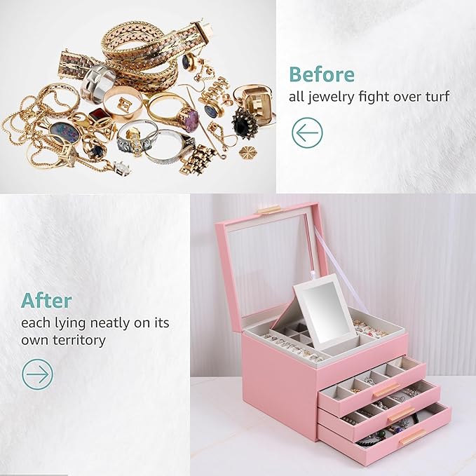 BOOVO Clear Lid Jewelry Box,4 Layers Jewelry Organizer Large Jewelry Storage Box with 3 Drawers,Jewelry Holder Organzier of Rings Earrings Necklace Bracelets for Women (Pink, 4 Layer)