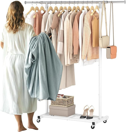 JIUYOTREE Rolling Clothes Rack with Dense Mesh Storage Shelf Clothing Garment Rack with Wheels Width Adjustable Clothing Organizer for Hanging Clothes Shirts Pants Skirts and Bags White