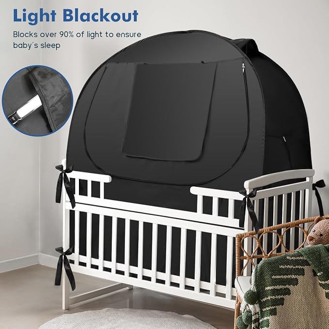 Crib Blackout Cover, Breathable Blackout Crib Cover to Block 90% of Light, Portable Crib Tent Blackout for Baby Better Napping or Sleeping