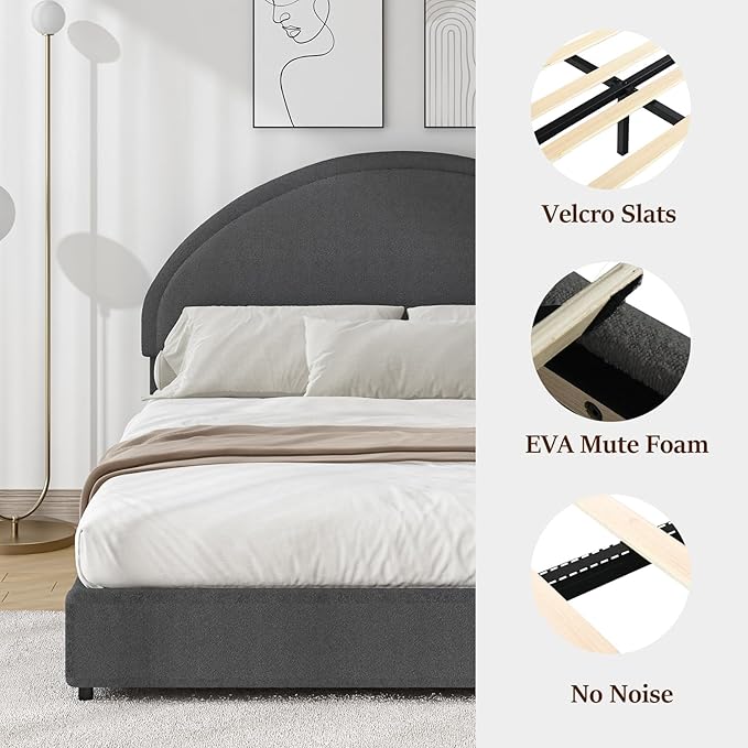 King Size Bed Frame, Upholstered Platform Bed with Headboard, Boucle Bed Frame with Round Conner, No Box Spring Required, Easy Assembly, Dark Grey