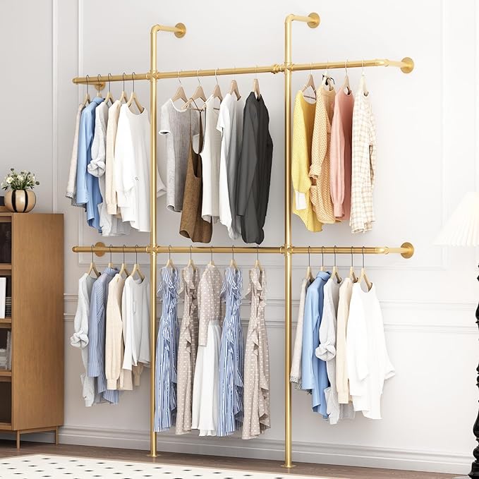 Gold Pipe Clothing Rack Wall Mounted, Industrial Pipe Clothes Racks with 6 Hanging Rods, Heavy Duty Clothing Racks for Laundry Room, Closet Systems for Walk in Closets