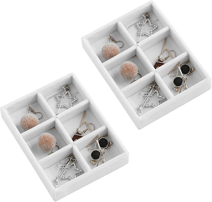 Frebeauty Small Jewelry Tray Set,Stackable Velvet Jewelry Organizer Tray,Mini Jewelry Drawer Organizer,Drawer Inserts,4.92 x 3.74 x 0.9 Inches,6 Grid Earring Organizer for Women(Set 2,White)