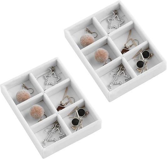 Frebeauty Small Jewelry Tray Set,Stackable Velvet Jewelry Organizer Tray,Mini Jewelry Drawer Organizer,Drawer Inserts,4.92 x 3.74 x 0.9 Inches,6 Grid Earring Organizer for Women(Set 2,White)
