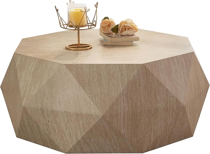 WILLIAMSPACE 37.4" Drum Coffee Table with Mars Pattern for Living Room, Modern Farmhouse Wood Center Table with Faceted Diamond, Mid Century End Side Table for Apartment, 37.4" x 35.83" x 16.14"H