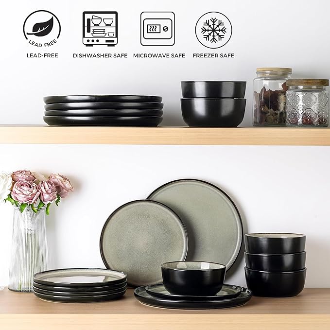 AmorArc Stoneware Dinnerware Sets,Round Reactive Glaze Plates and Bowls Set,Highly Chip and Crack Resistant | Dishwasher & Microwave Safe Dishes Set,Service for 4 (12pc)