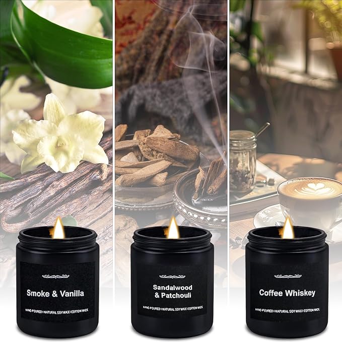 Scented Candle Set, Men Candle Set, Scented Candles for Home, Gifts for Men, 3 Pack Manly Candles Gifts for Mens Scents of Smoke & Vanilla/Sandalwood & Patchouli/Coffee Whiskey