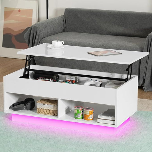 HOMMPA Lift Top Coffee Table with Storage for Living Room, Modern High Glossy LED Coffee Table, 3 Tiers Wood Center Tea Table with 2 Open Shelves, White