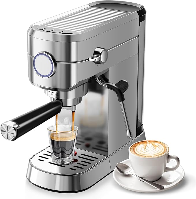 20 Bar Espresso Machine with Milk Frother, Compact Espresso Coffee Maker with Cup Warmer, Self-Cleaning, Auto Shut-Off, 34oz Removable Water Tank for Latte/Cappuccino/Americano, Stainless Steel