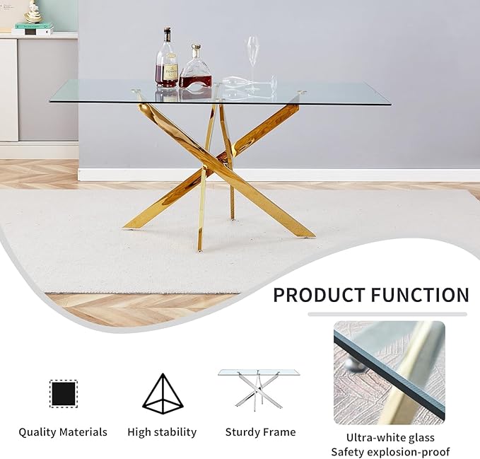 Goujxcy 51" Glass Dining Table Set for 6, Modern Kitchen Table and Chairs Set w/Steel Legs, 7-Piece Dining Table Set w/Glass Gold Dining Table and 6 Beige Velvet Chairs for Kitchen Dining Room